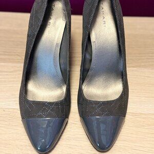 Tahari Ryanna Quilted Cap Toe Heels – Black Suede/Patent 10